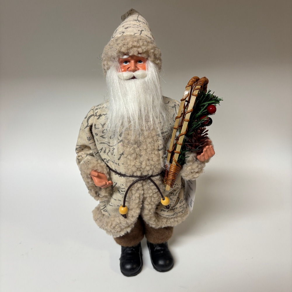 Nicole Miller Home Santa Claus Figurine Snowshoes Script Coat Rustic Holiday 12"